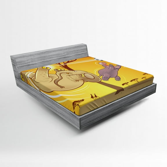 Ambesonne Cartoon Fitted Sheet, and Hippo Ball, Full Size, Orange Umber Purple