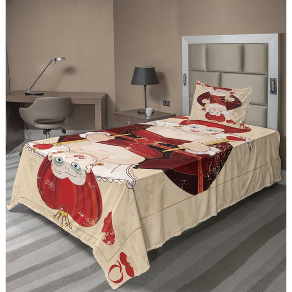 Ambesonne Cartoon Fitted & Top Sheet Set with Sham, Queen Cards, Red Brown Ecru