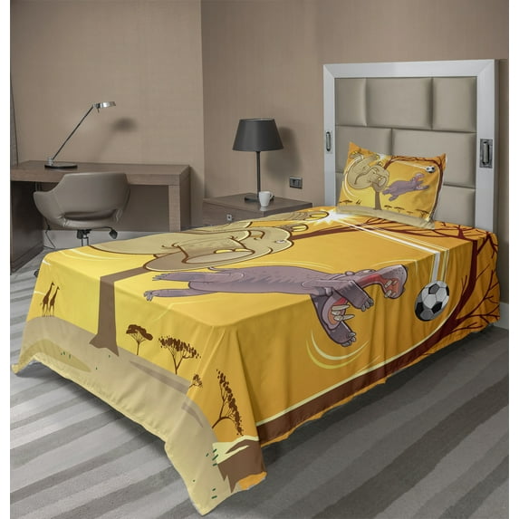 Ambesonne Cartoon Fitted & Top Sheet Set with Sham, and Hippo Ball, Orange Umber Purple