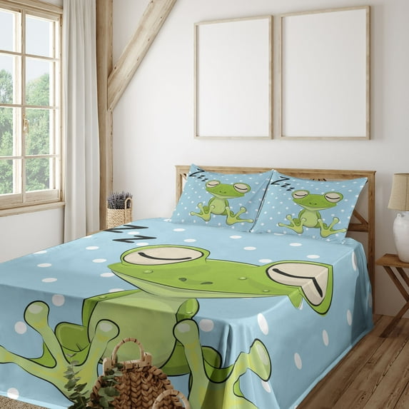 Ambesonne Cartoon Fitted & Top Sheet Set with Shams, Frog Prince Polka Dots, Green Blue