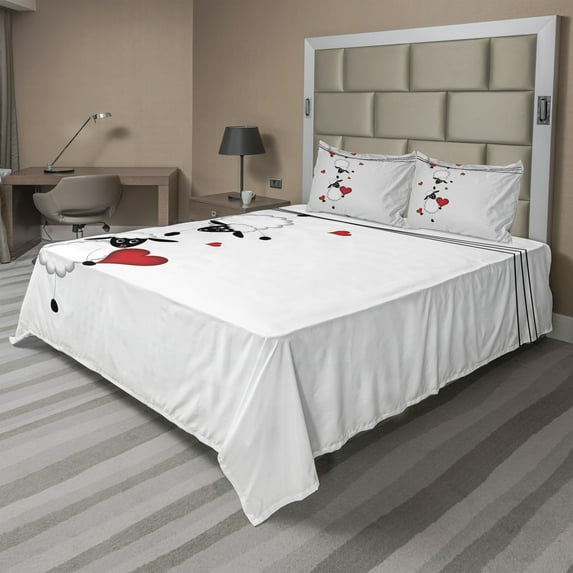 Ambesonne Cartoon Fitted & Top Sheet Set with Shams, Heart Shapes in Love, Red White Black