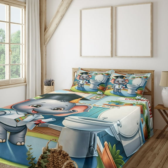 Ambesonne Cartoon Fitted & Top Sheet Set with Shams, Potty Training Elephant Art, Purpleblue Multicolor