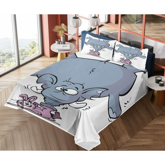 Ambesonne Cartoon Fitted & Top Sheet Set with Shams, Rabbit Mascot Animal, Grey Pink White