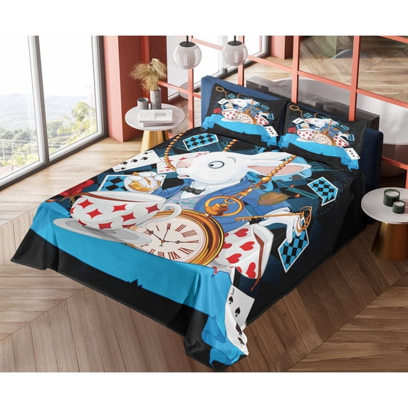 Ambesonne Cartoon Fitted & Top Sheet Set with Shams, Wonderland Tale, Multicolor