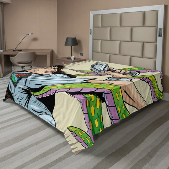 Ambesonne Cartoon Flat Sheet, Alien Attack Astronaut, King Size, Multicolor