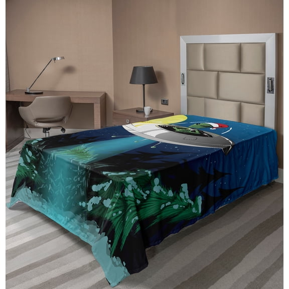 Ambesonne Cartoon Flat Sheet, Alien Christmas Art, Twin Size, Green Blue