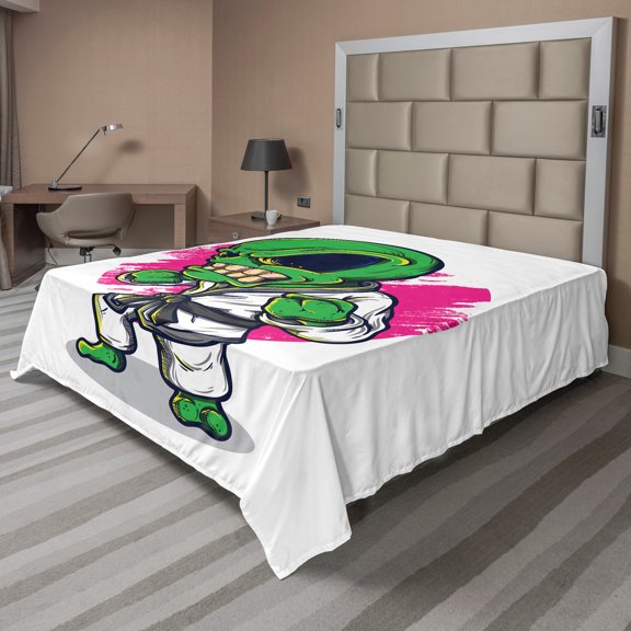 Ambesonne Cartoon Flat Sheet, Angry Alien Karate Art, King Size, Green Pink