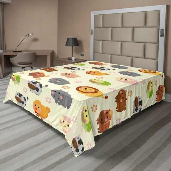 Ambesonne Cartoon Flat Sheet, Animals Simple, Queen Size, Multicolor