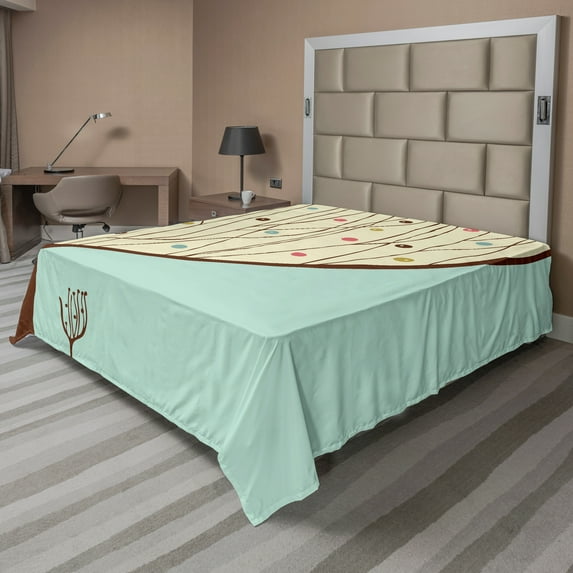Ambesonne Cartoon Flat Sheet, Aqua Hand Drawn Tree, Full Size, Multicolor