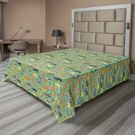 Ambesonne Cartoon Flat Sheet, Art Zoo Animals Friends, California King, Jade Green Multicolor