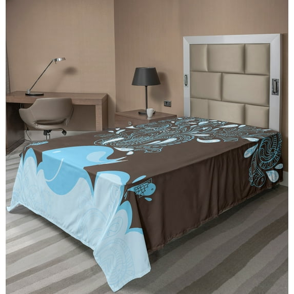 Ambesonne Cartoon Flat Sheet, Batik Sea Whale Tribal, Twin Size, Blue and Brown