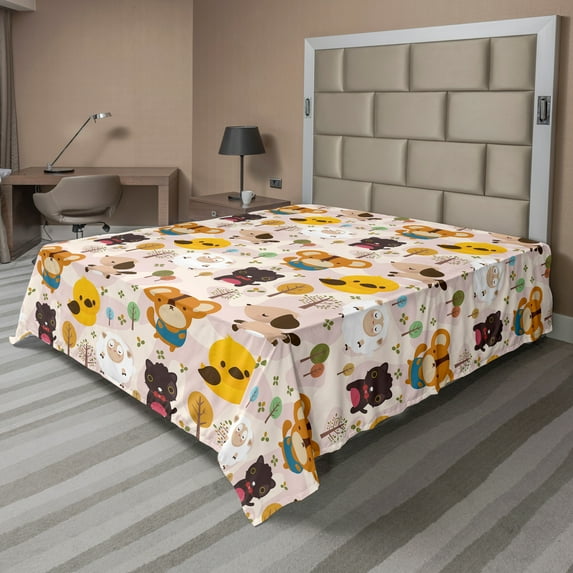 Ambesonne Cartoon Flat Sheet, Caricatures Jungle, Queen Size, Multicolor