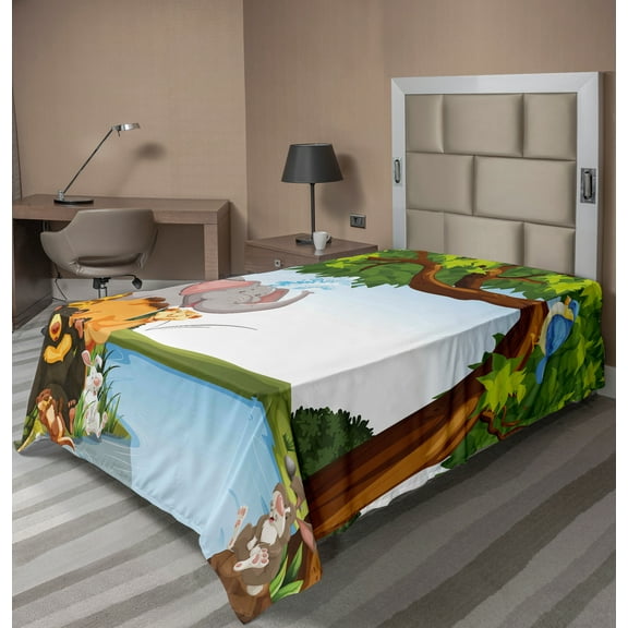 Ambesonne Cartoon Flat Sheet, Cartoon Animals Funny, TwinXL Size, Multicolor