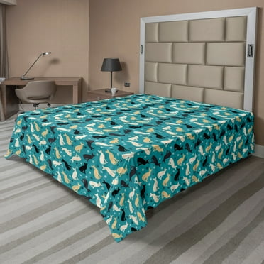 Ambesonne Cartoon Flat Sheet, Cats and Paw Traces Graphic, California King, Sea Blue Indigo
