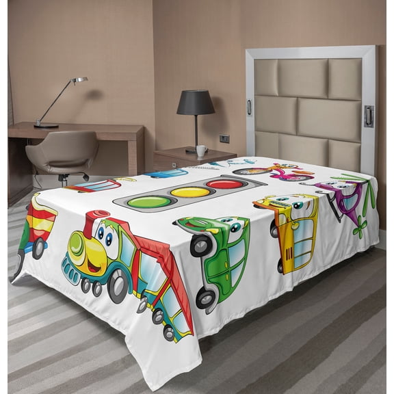 Ambesonne Cartoon Flat Sheet, Cheerful Transportation, TwinXL Size, Multicolor