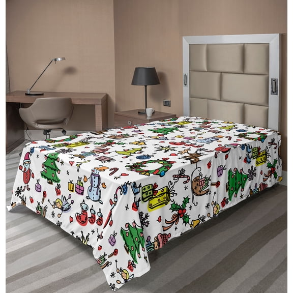 Ambesonne Cartoon Flat Sheet, Christmas Santa Snowman, Twin Size, Multicolor