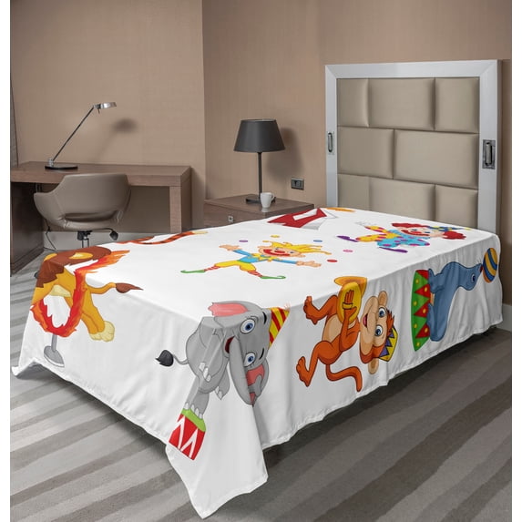Ambesonne Cartoon Flat Sheet, Circus Wild Animals, Twin Size, Multicolor