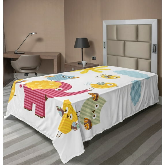 Ambesonne Cartoon Flat Sheet, Colorful Birds, Twin Size, Pale Blue Marigold Pink