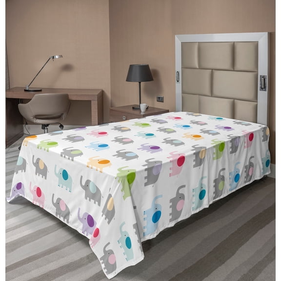 Ambesonne Cartoon Flat Sheet, Colorful Funny Elephants, Twin Size, Multicolor