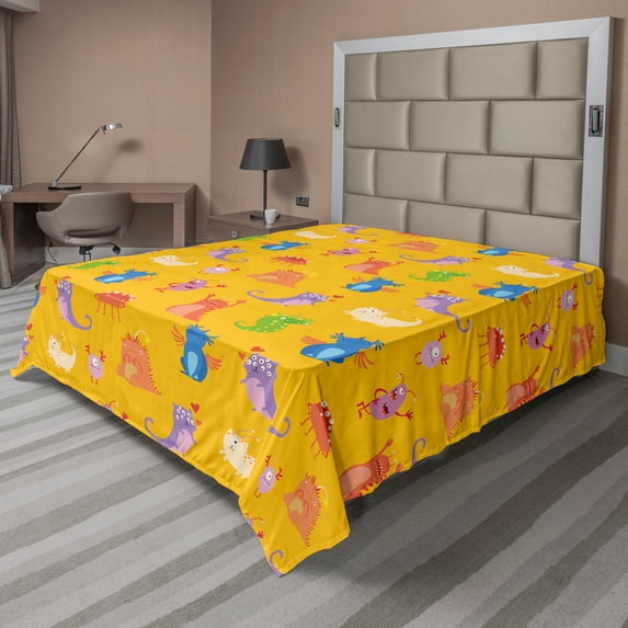 Ambesonne Cartoon Flat Sheet, Colorful Monsters, Full Size, Marigold and Multicolor