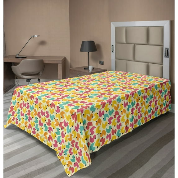 Ambesonne Cartoon Flat Sheet, Colorful Rubber Duck Print, Twin Size, Multicolor