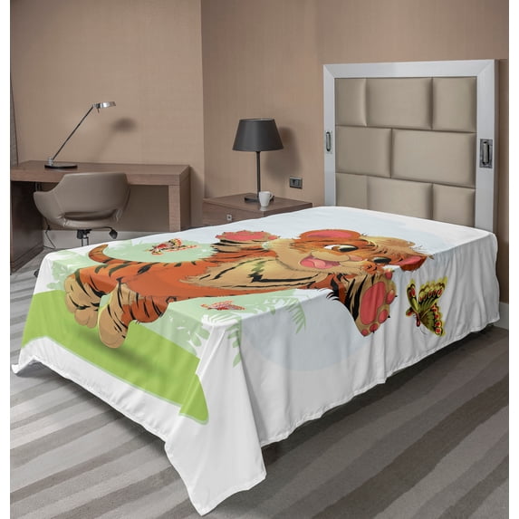 Ambesonne Cartoon Flat Sheet, Cub with Butterflies, TwinXL Size, Orange Cream Green