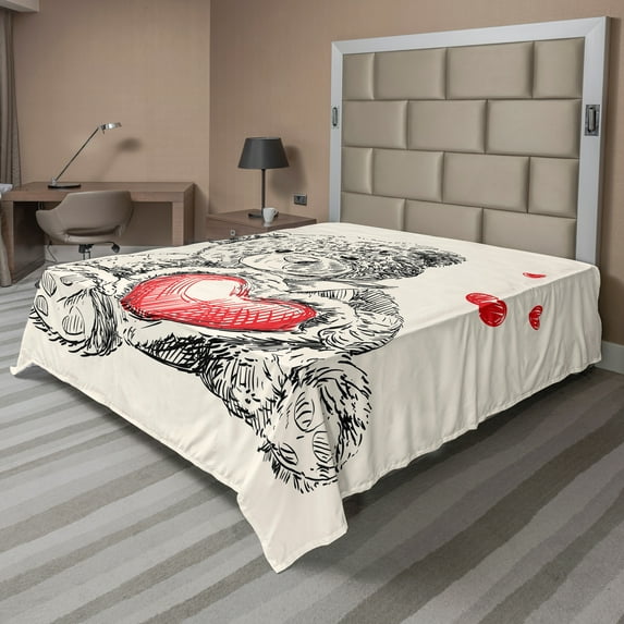 Ambesonne Cartoon Flat Sheet, Detailed Teddy Bear, Full Size, Red Black White