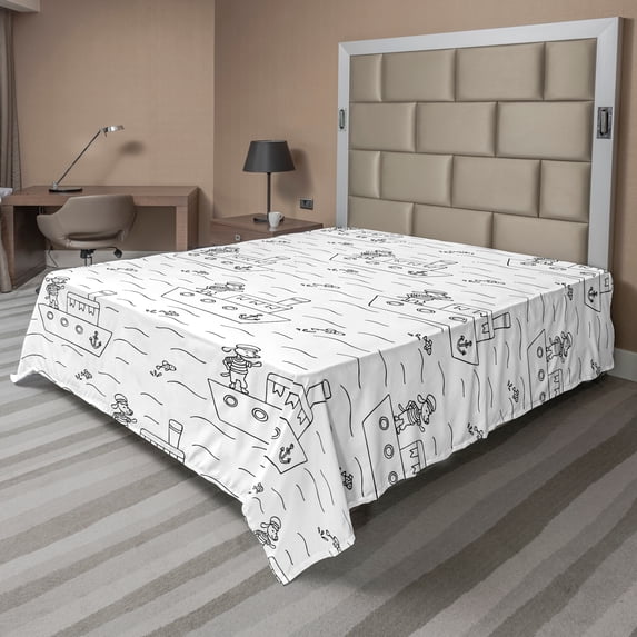 Ambesonne Cartoon Flat Sheet, Dog Captain Funny Sketch, California King, Charcoal Grey White