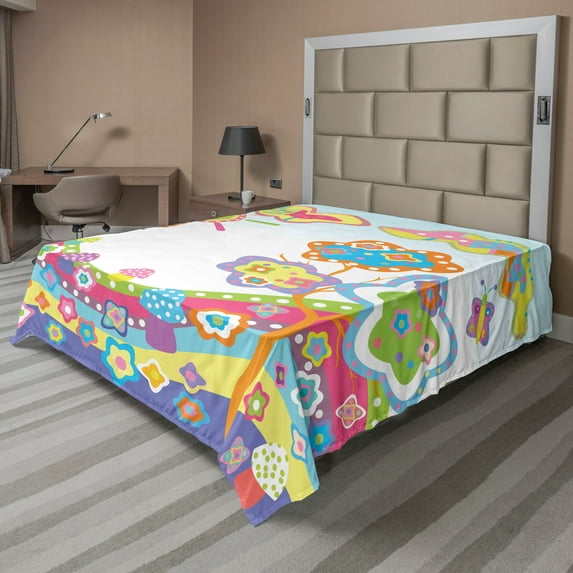 Ambesonne Cartoon Flat Sheet, Drawing Hill, King Size, Multicolor