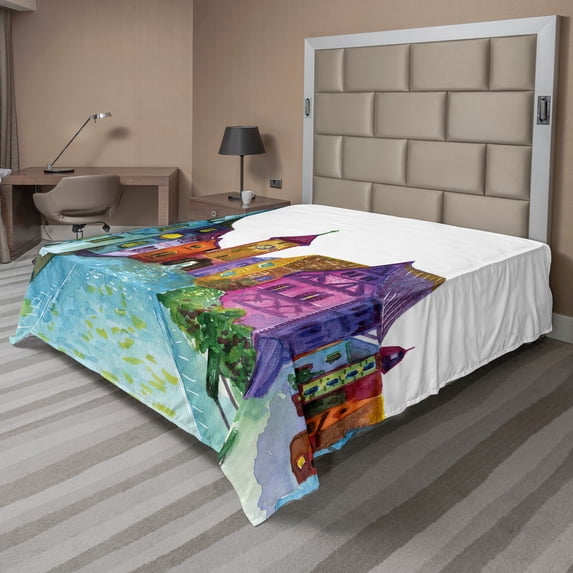 Ambesonne Cartoon Flat Sheet, European House Scenery, King Size, Multicolor