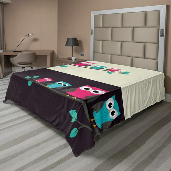 Ambesonne Cartoon Flat Sheet, Family of Owls, California King, Multicolor