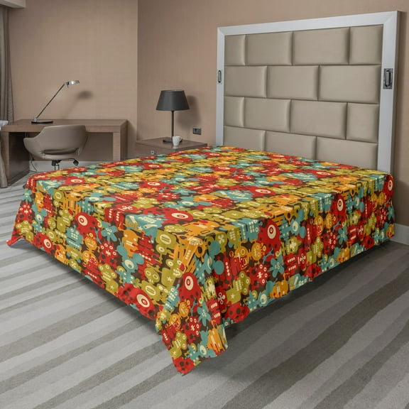 Ambesonne Cartoon Flat Sheet, Fantasy Alien Robots Print, King Size, Multicolor