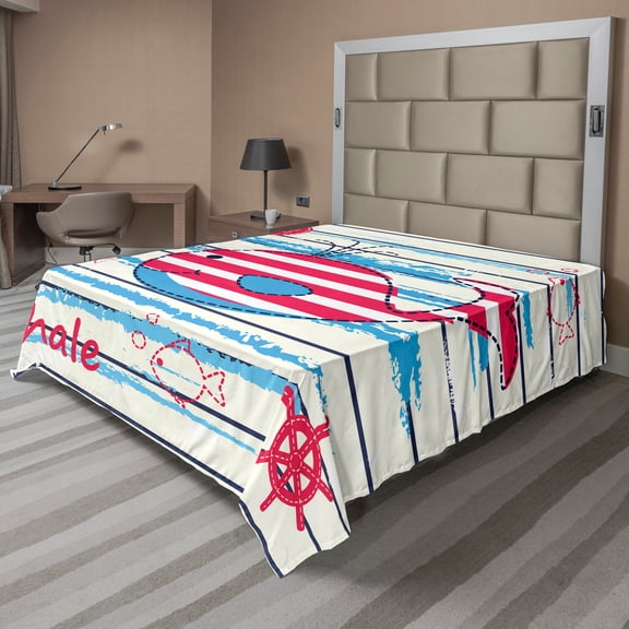 Ambesonne Cartoon Flat Sheet, Fish Sailor Marine Sea, California King, Cream Red Blue