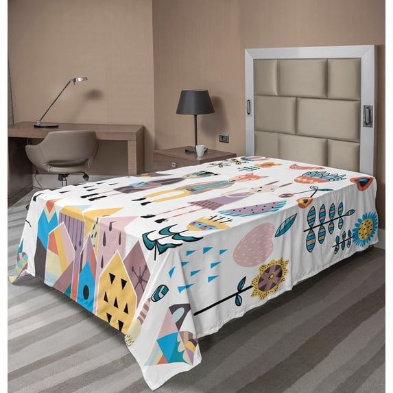 Ambesonne Cartoon Flat Sheet, Fox Bunny and Bear, Twin Size, Multicolor