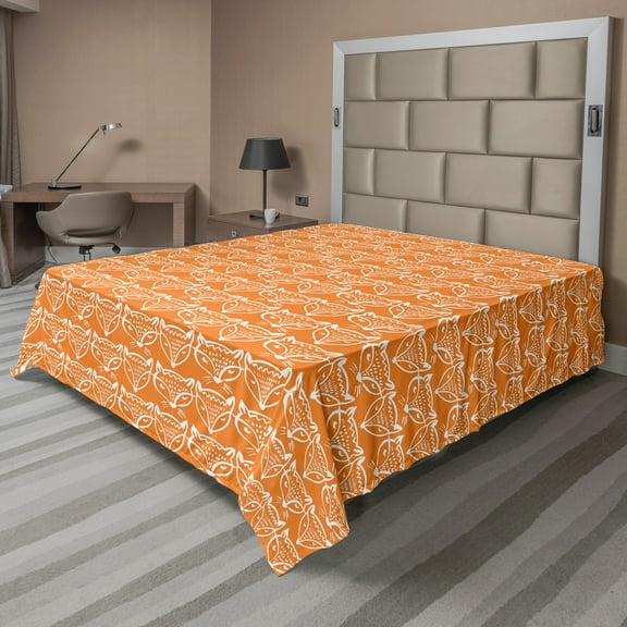 Ambesonne Cartoon Flat Sheet, Fox Faces Forest Animals, King Size, Dark Orange White