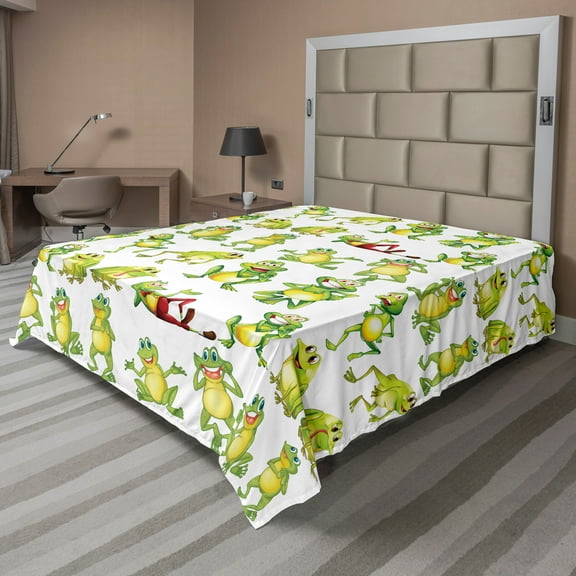 Ambesonne Cartoon Flat Sheet, Frogs Different Poses, Queen Size, Green Yellow Red