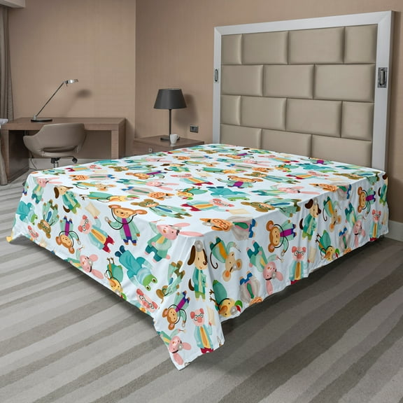 Ambesonne Cartoon Flat Sheet, Funny Animal Doctors Art, King Size, Pale Blue Multicolor