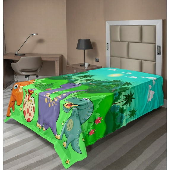 Ambesonne Cartoon Flat Sheet, Funny Dinosaurs, TwinXL Size, Multicolor