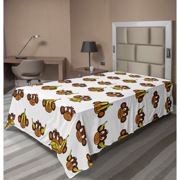 Ambesonne Cartoon Flat Sheet, Funny Monkeys Bananas, TwinXL Size, Pale Brown Yellow Brown