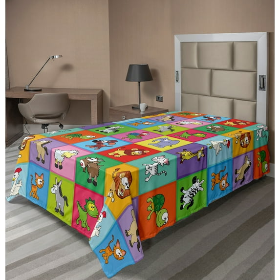 Ambesonne Cartoon Flat Sheet, Funny Young Animals, TwinXL Size, Multicolor