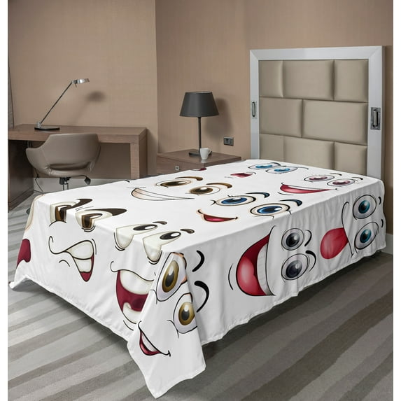 Ambesonne Cartoon Flat Sheet, Hand Drawn Faces, TwinXL Size, Multicolor