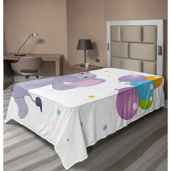 Ambesonne Cartoon Flat Sheet, Happy Animal Balloons, Twin Size, Lilac Multicolor