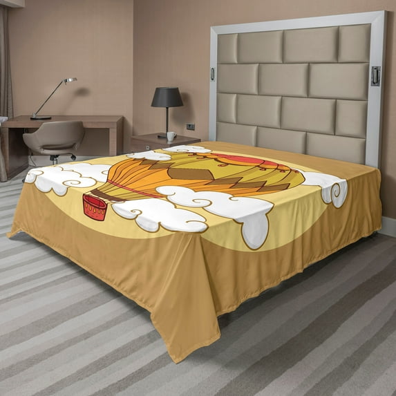 Ambesonne Cartoon Flat Sheet, Hot Air Balloon Retro, California King, Pale Brown Multicolor