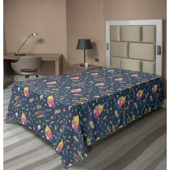 Ambesonne Cartoon Flat Sheet, Items Unicorns Time, Twin Size, Multicolor