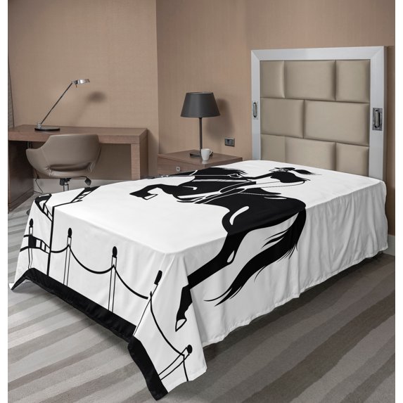 Ambesonne Cartoon Flat Sheet, Jockey Character Jumping, Twin Size, White and Charcoal Grey