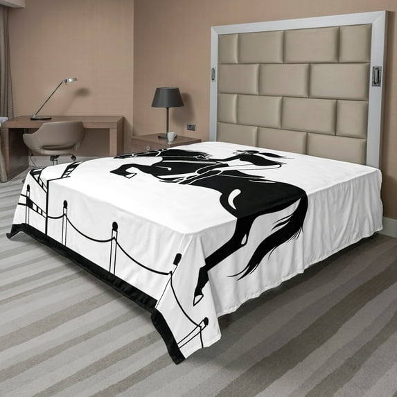 Ambesonne Cartoon Flat Sheet, Jockey Girl Jumping, California King, White Charcoal Grey