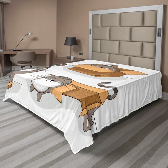 Ambesonne Cartoon Flat Sheet, Kitten Cat in the Box, Queen Size, Sand Brown Warm Taupe
