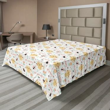 Ambesonne Cartoon Flat Sheet, Kittens, Full Size, Multicolor