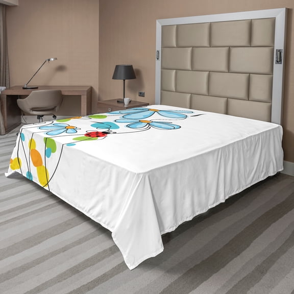 Ambesonne Cartoon Flat Sheet, Ladybugs Flowers, California King, Multicolor