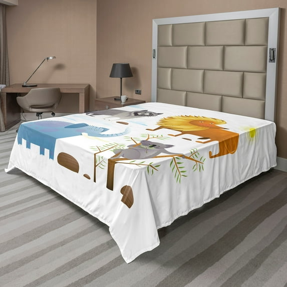 Ambesonne Cartoon Flat Sheet, Lion Raccoon, California King, Multicolor